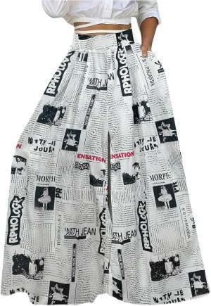 WDIRARA Women's Newspaper Print Wide Leg Pants Elastic Waist Loose Funky Letter Print Palazzo Pants