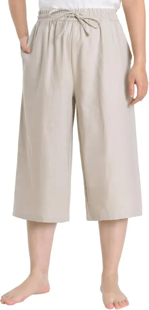 Weintee Women's Petite Linen Capris Wide Leg Cropped Pants with Pockets