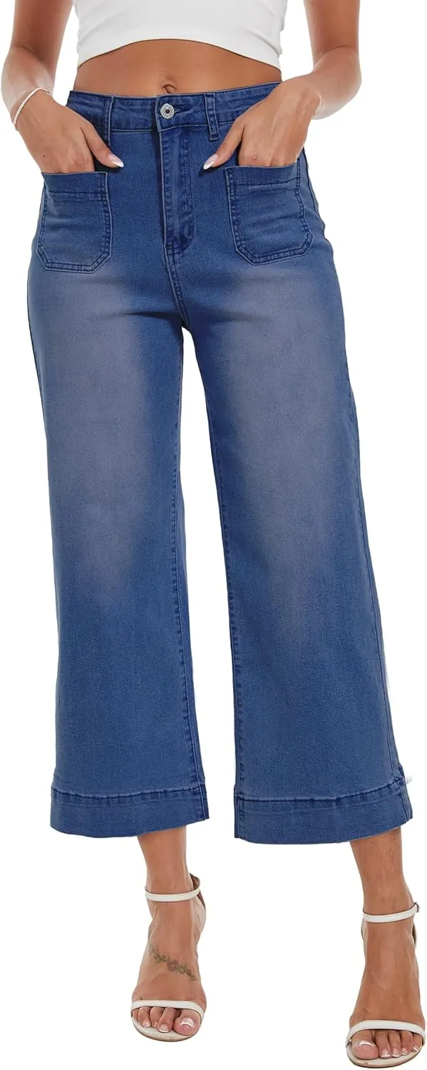 Wide Leg Jeans for Women Trendy High Waisted Flare Jeans Cropped Pants Stretchy Baggy