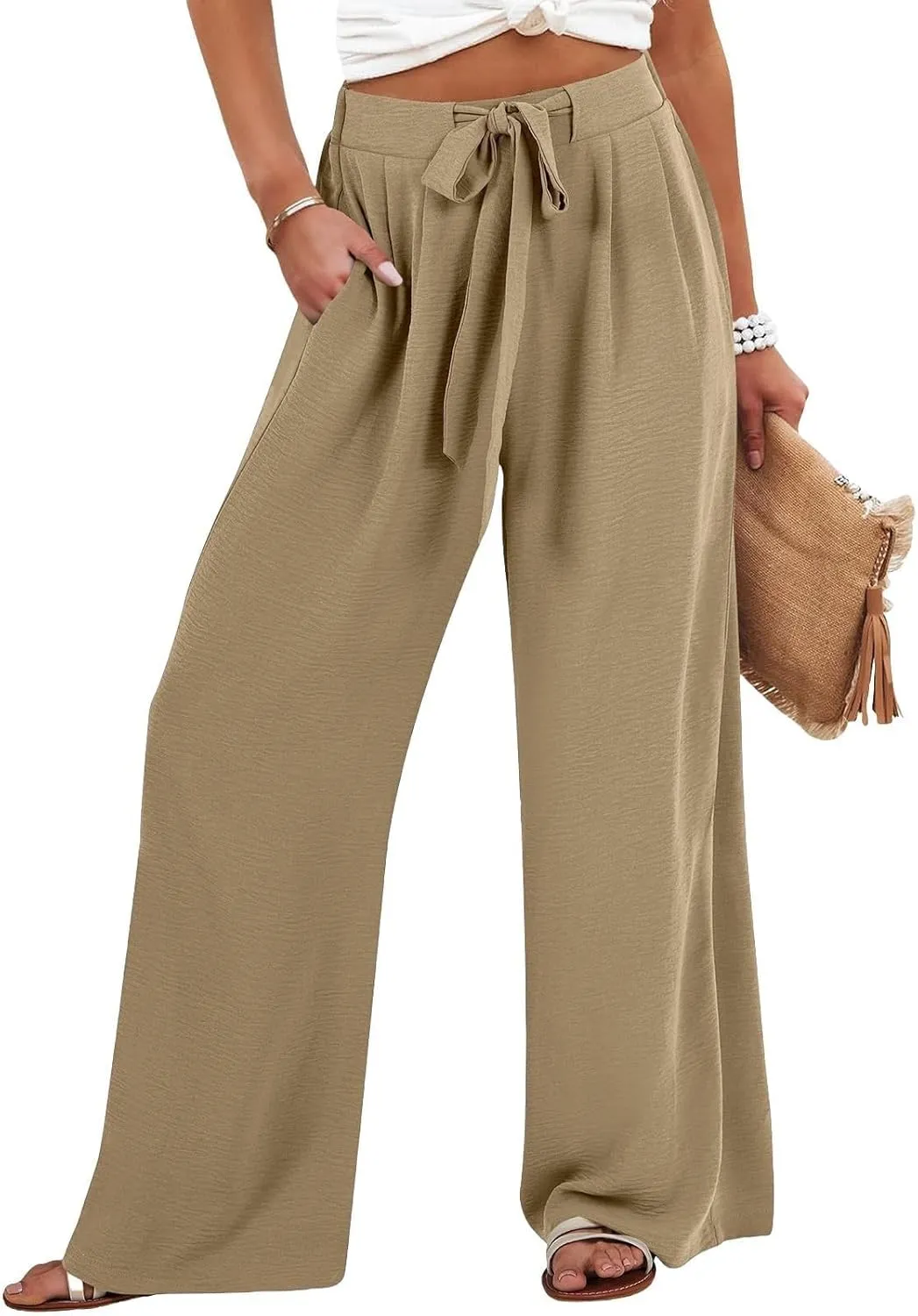 Wide Leg Linen Pants for Women Dressy High Waist Adjustable Knot Palazzo Lounge Trousers Business Work Casual Pants