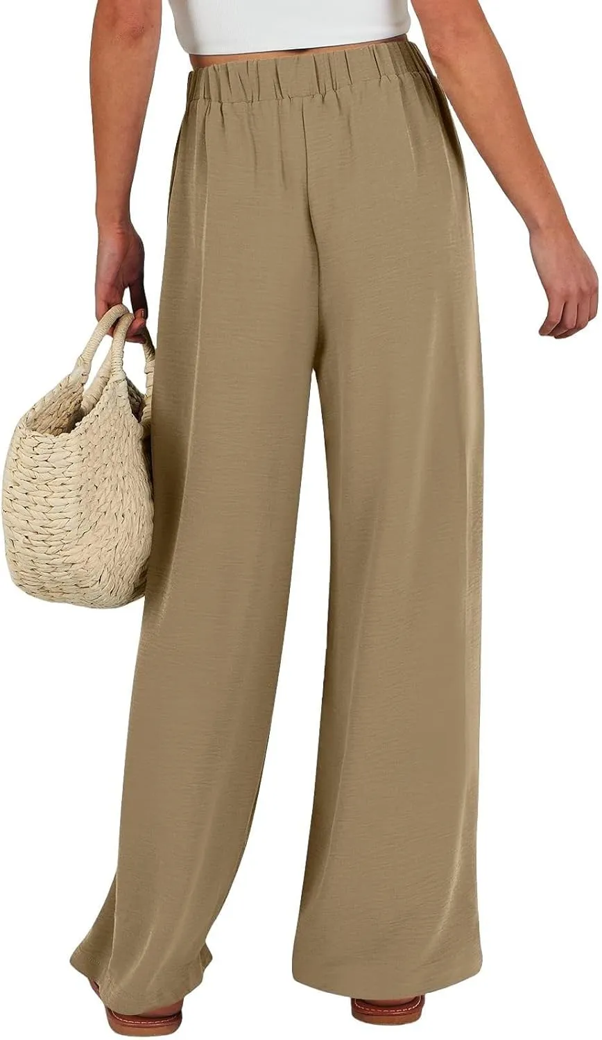 Wide Leg Linen Pants for Women Dressy High Waist Adjustable Knot Palazzo Lounge Trousers Business Work Casual Pants