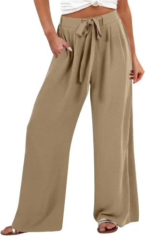Wide Leg Linen Pants for Women Dressy High Waist Adjustable Knot Palazzo Lounge Trousers Business Work Casual Pants