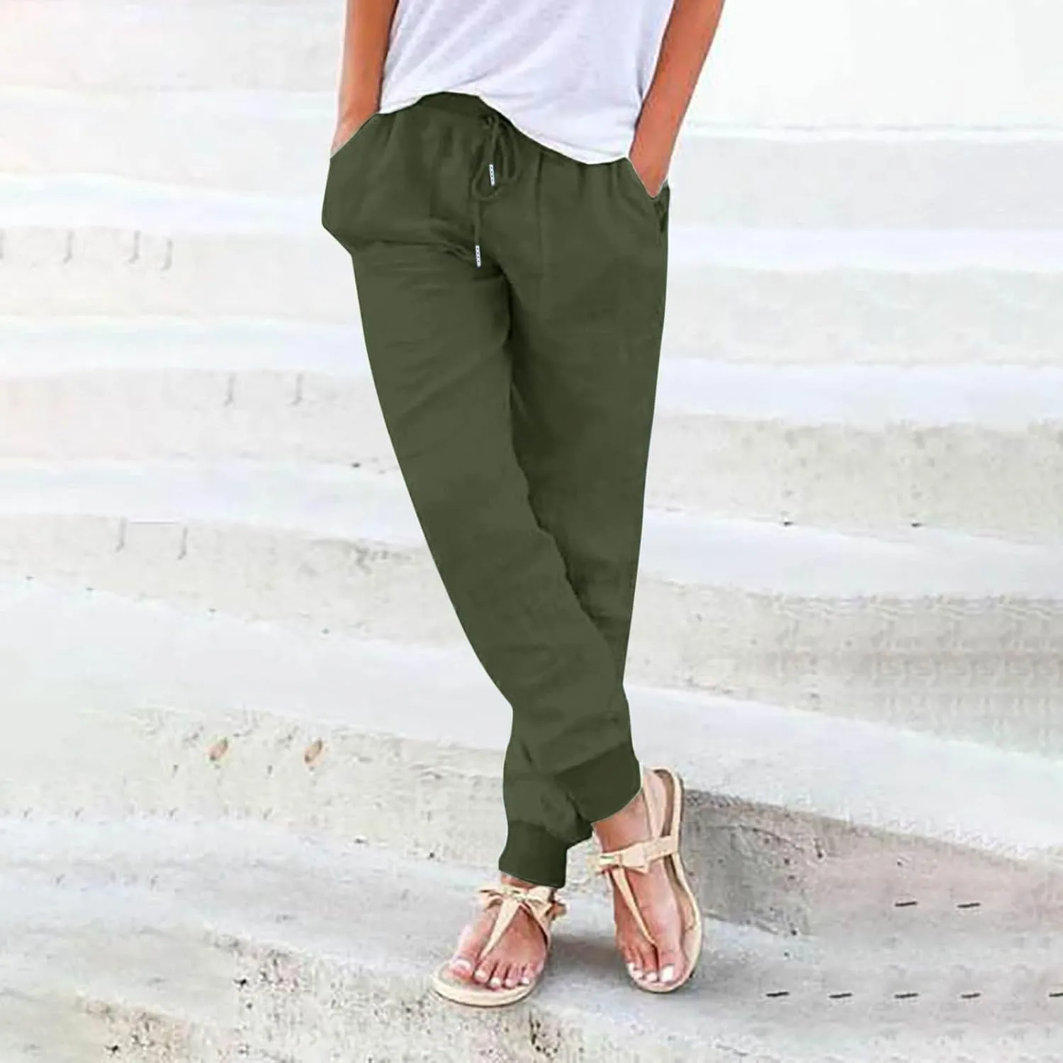 Wide Leg Linen Pants for Women High Waist Casual Loose Fit Summer Lightweight Jogger Palazzo Trouser with Pockets