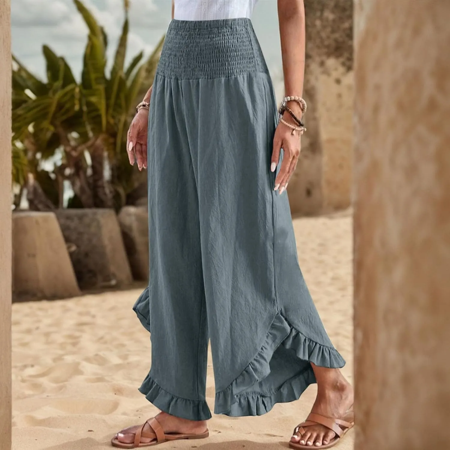 Wide Leg Linen Pants for Women Smocked Waist Ruffle Hem Summer Palazzo Casual Boho Flowy Beach Trouser with Pockets