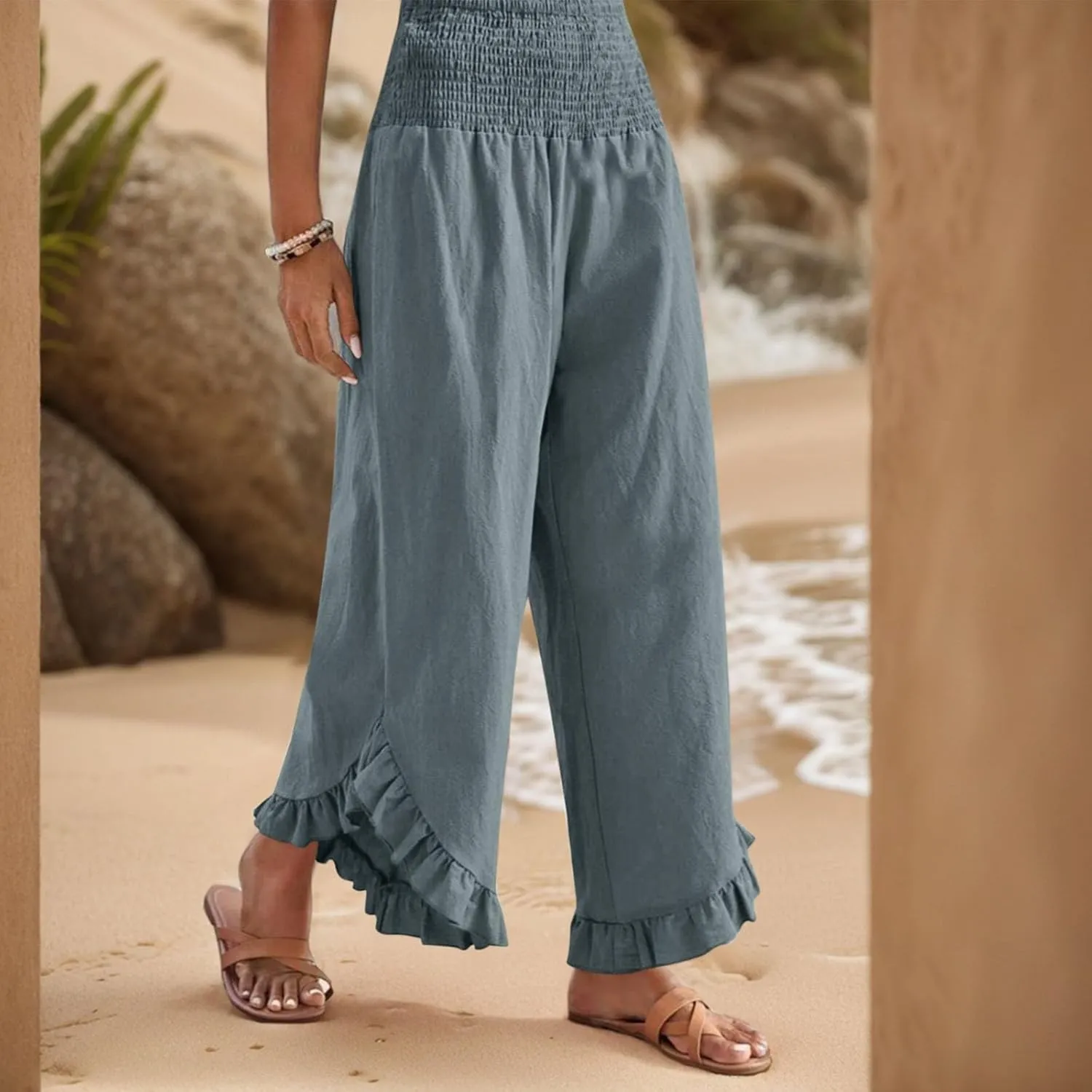 Wide Leg Linen Pants for Women Smocked Waist Ruffle Hem Summer Palazzo Casual Boho Flowy Beach Trouser with Pockets