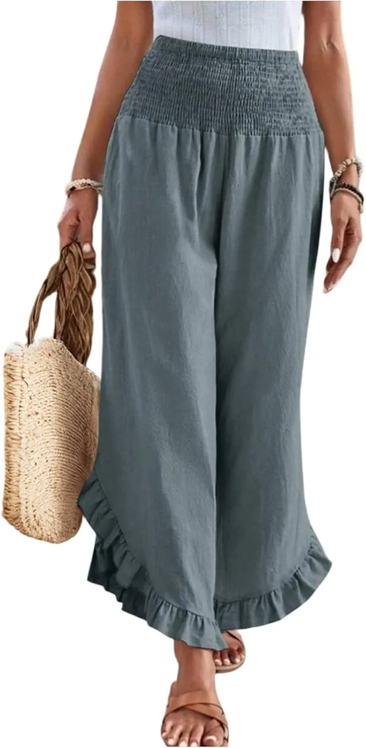 Wide Leg Linen Pants for Women Smocked Waist Ruffle Hem Summer Palazzo Casual Boho Flowy Beach Trouser with Pockets