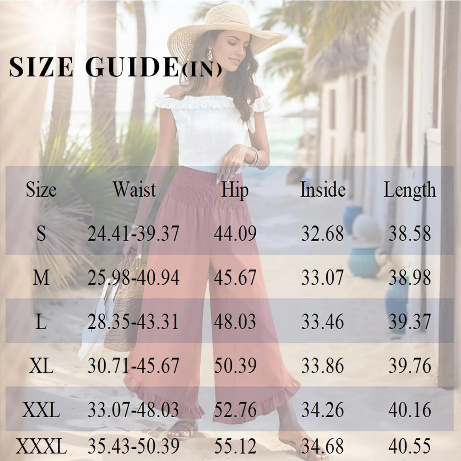 Wide Leg Linen Pants for Women Smocked Waist Ruffle Hem Summer Palazzo Casual Boho Flowy Beach Trouser with Pockets