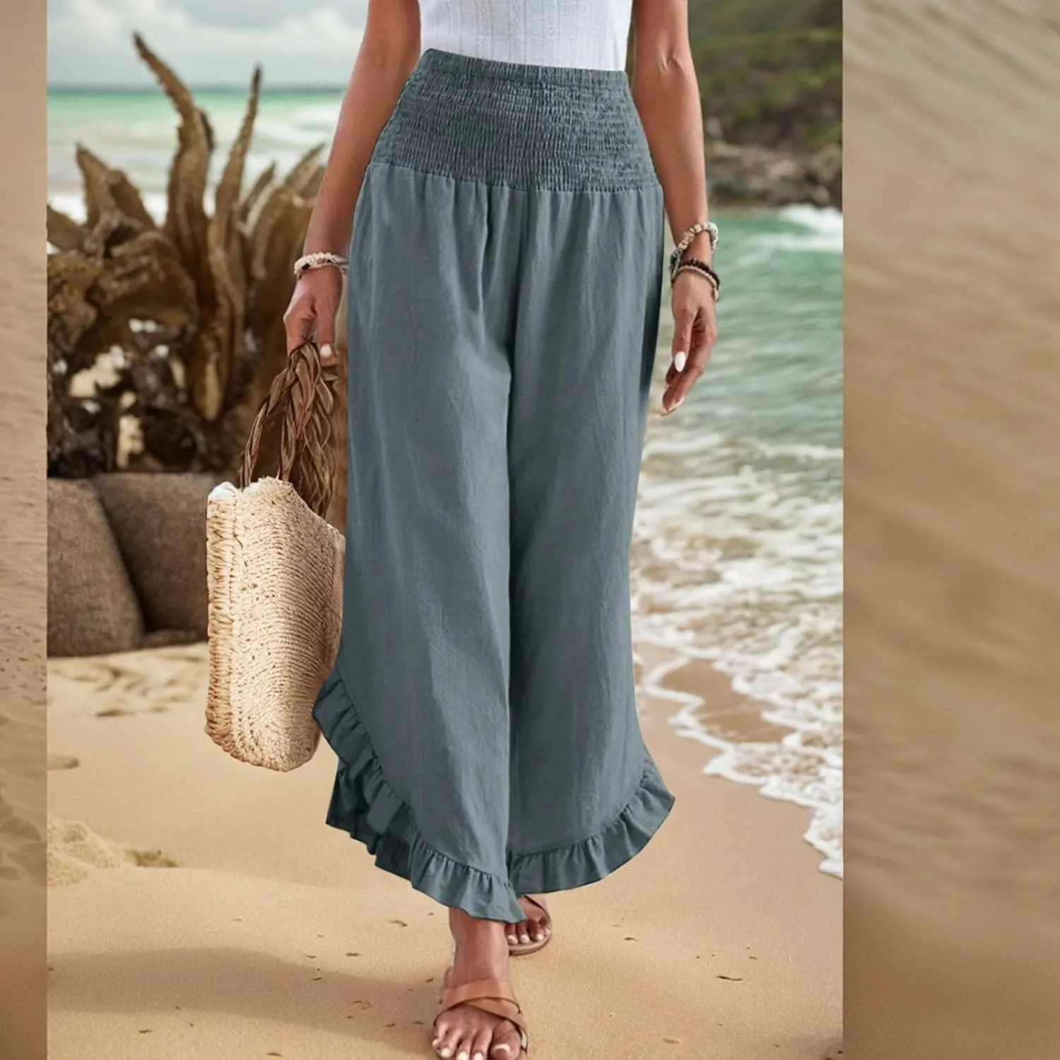 Wide Leg Linen Pants for Women Smocked Waist Ruffle Hem Summer Palazzo Casual Boho Flowy Beach Trouser with Pockets