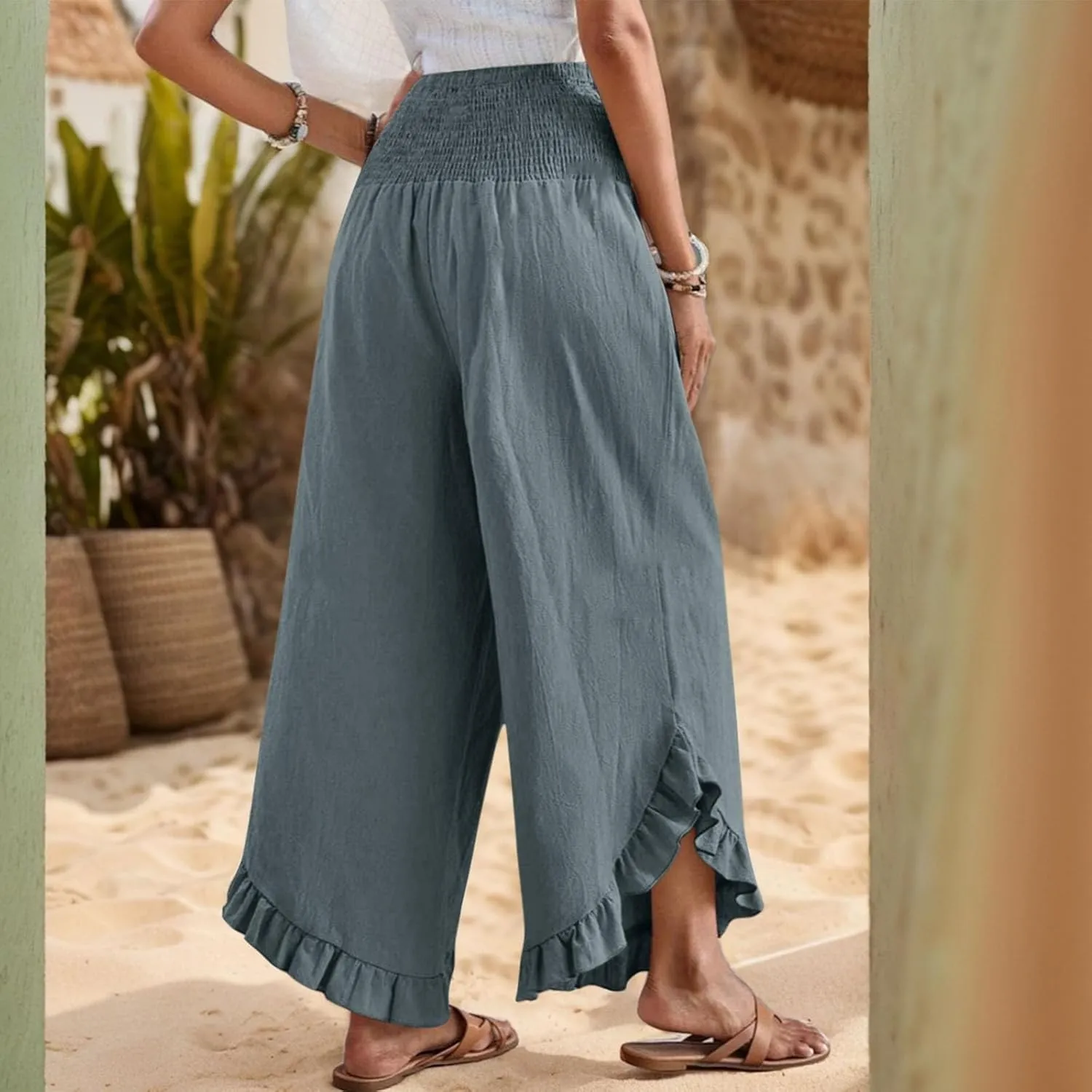 Wide Leg Linen Pants for Women Smocked Waist Ruffle Hem Summer Palazzo Casual Boho Flowy Beach Trouser with Pockets