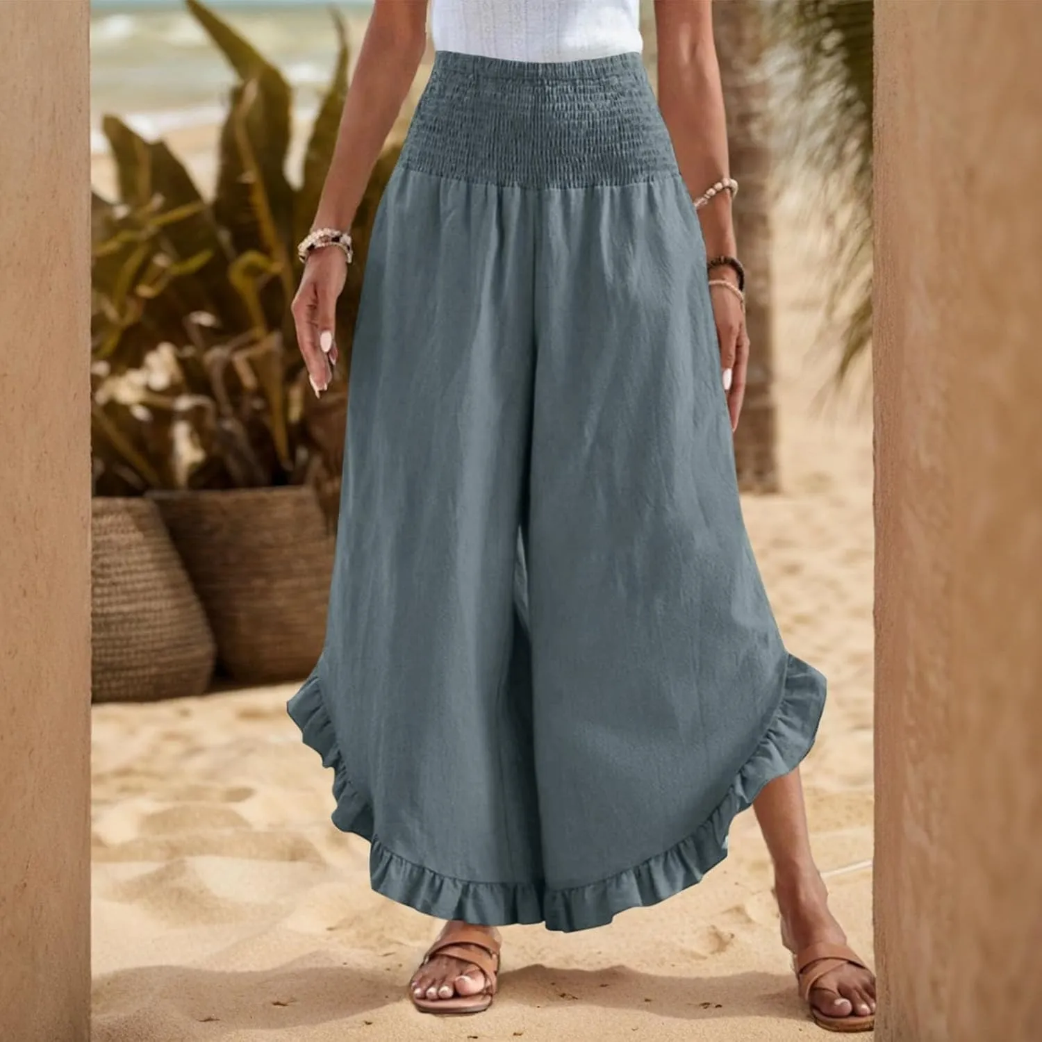 Wide Leg Linen Pants for Women Smocked Waist Ruffle Hem Summer Palazzo Casual Boho Flowy Beach Trouser with Pockets