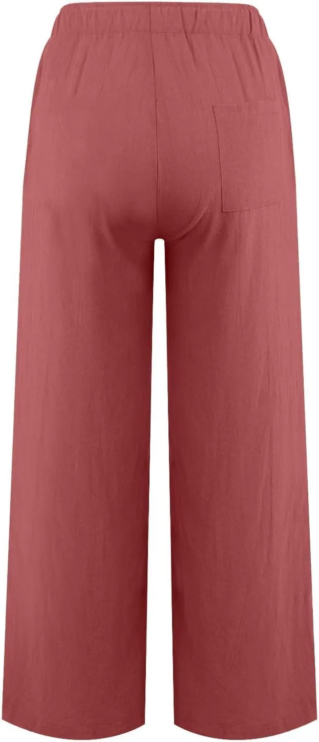 Wide Leg Linen Pants for Women Summer Boho High Waisted Palazzo Pants Lightweight Baggy Comfy Beach Pants with Pocket