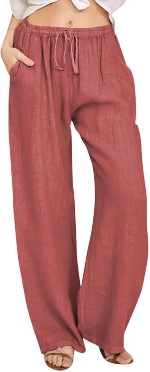 Wide Leg Linen Pants for Women Summer Boho High Waisted Palazzo Pants Lightweight Baggy Comfy Beach Pants with Pocket