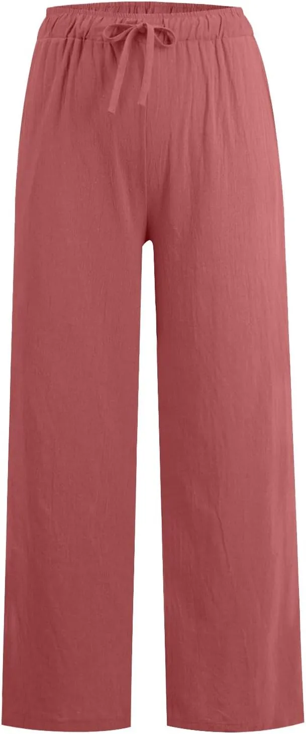 Wide Leg Linen Pants for Women Summer Boho High Waisted Palazzo Pants Lightweight Baggy Comfy Beach Pants with Pocket
