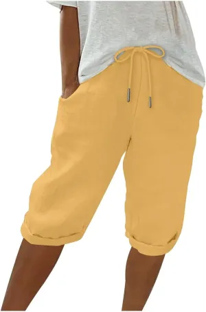 Wide Leg Linen Pants for Women, Wide Leg Cotton Pants Woman, Pantalones De Lino, Cropped High Waisted Dressy Trousers Casual Summer Beach Lounge Trousers Yellow Medium