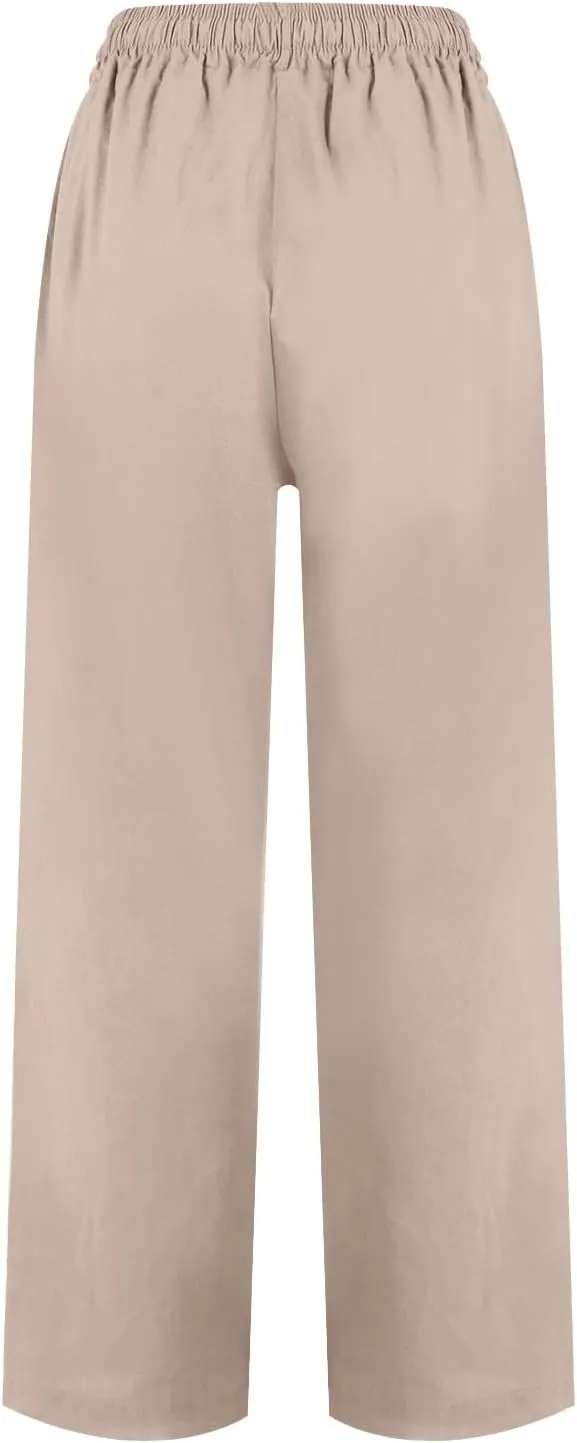 Wide Leg Linen Pants Women Capri Cropped Boho Pants Ankle Elastic Waist Lounge Pants Cotton Trousers with Pockets