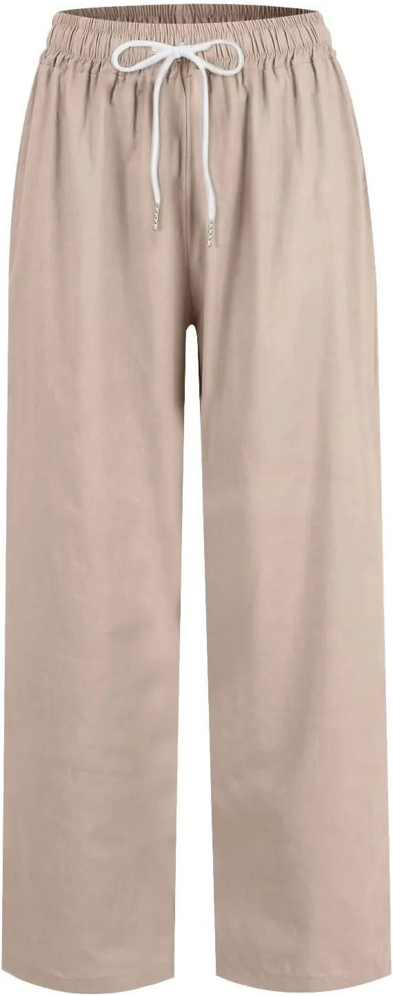 Wide Leg Linen Pants Women Capri Cropped Boho Pants Ankle Elastic Waist Lounge Pants Cotton Trousers with Pockets