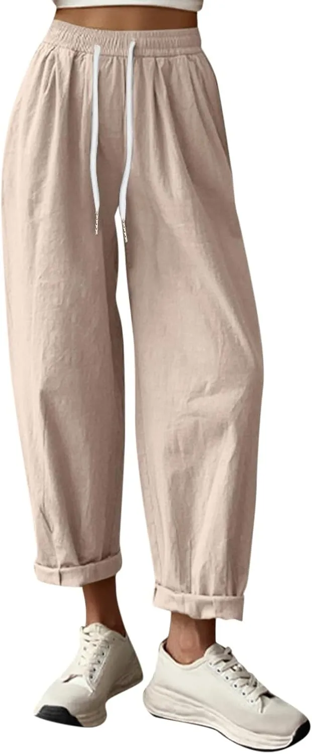 Wide Leg Linen Pants Women Capri Cropped Boho Pants Ankle Elastic Waist Lounge Pants Cotton Trousers with Pockets