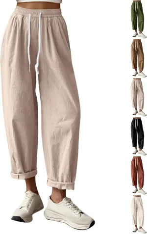 Wide Leg Linen Pants Women Capri Cropped Boho Pants Ankle Elastic Waist Lounge Pants Cotton Trousers with Pockets