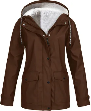Windbreaker Jacket Women Fleece Lined Long Hooded Rain Coats Outdoor Raincoat Waterproof Lightweight Trench Raincoat
