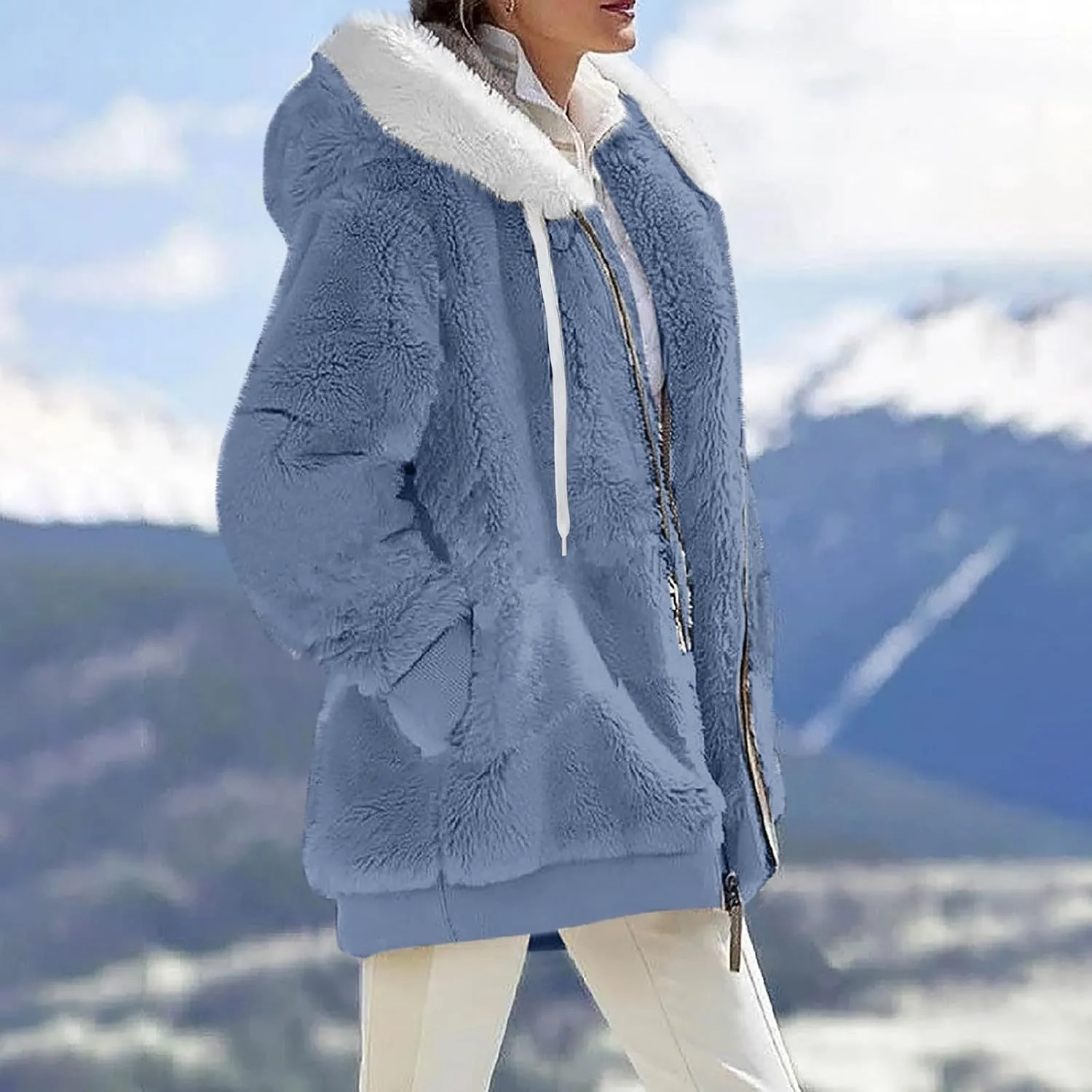 Winter Coats for Women 2024 Long Sleeve Faux Fur Fleece Jacket Zipper Plus Size Hooded Fuzzy Outerwear With Pockets