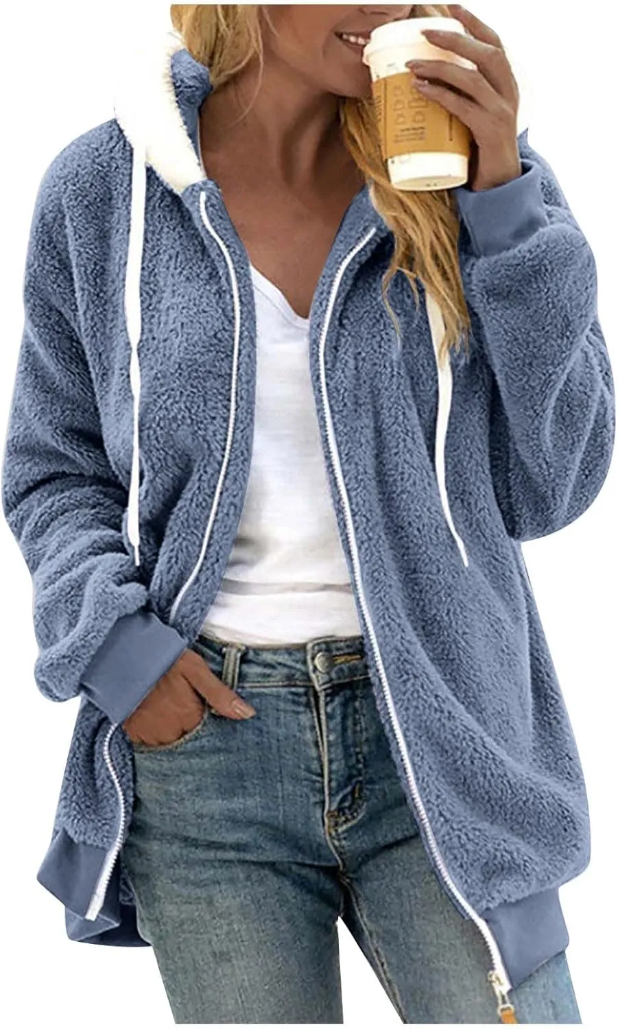 Winter Coats for Women 2024 Long Sleeve Faux Fur Fleece Jacket Zipper Plus Size Hooded Fuzzy Outerwear With Pockets