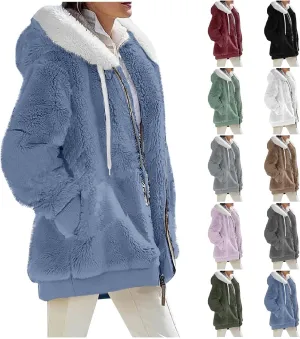 Winter Coats for Women 2024 Long Sleeve Faux Fur Fleece Jacket Zipper Plus Size Hooded Fuzzy Outerwear With Pockets