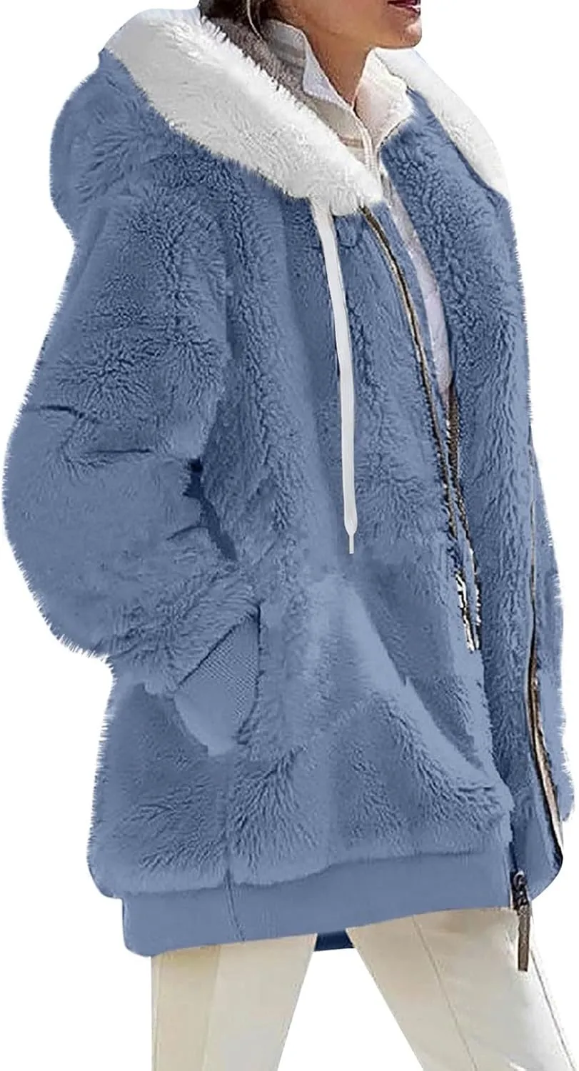 Winter Coats for Women 2024 Long Sleeve Faux Fur Fleece Jacket Zipper Plus Size Hooded Fuzzy Outerwear With Pockets