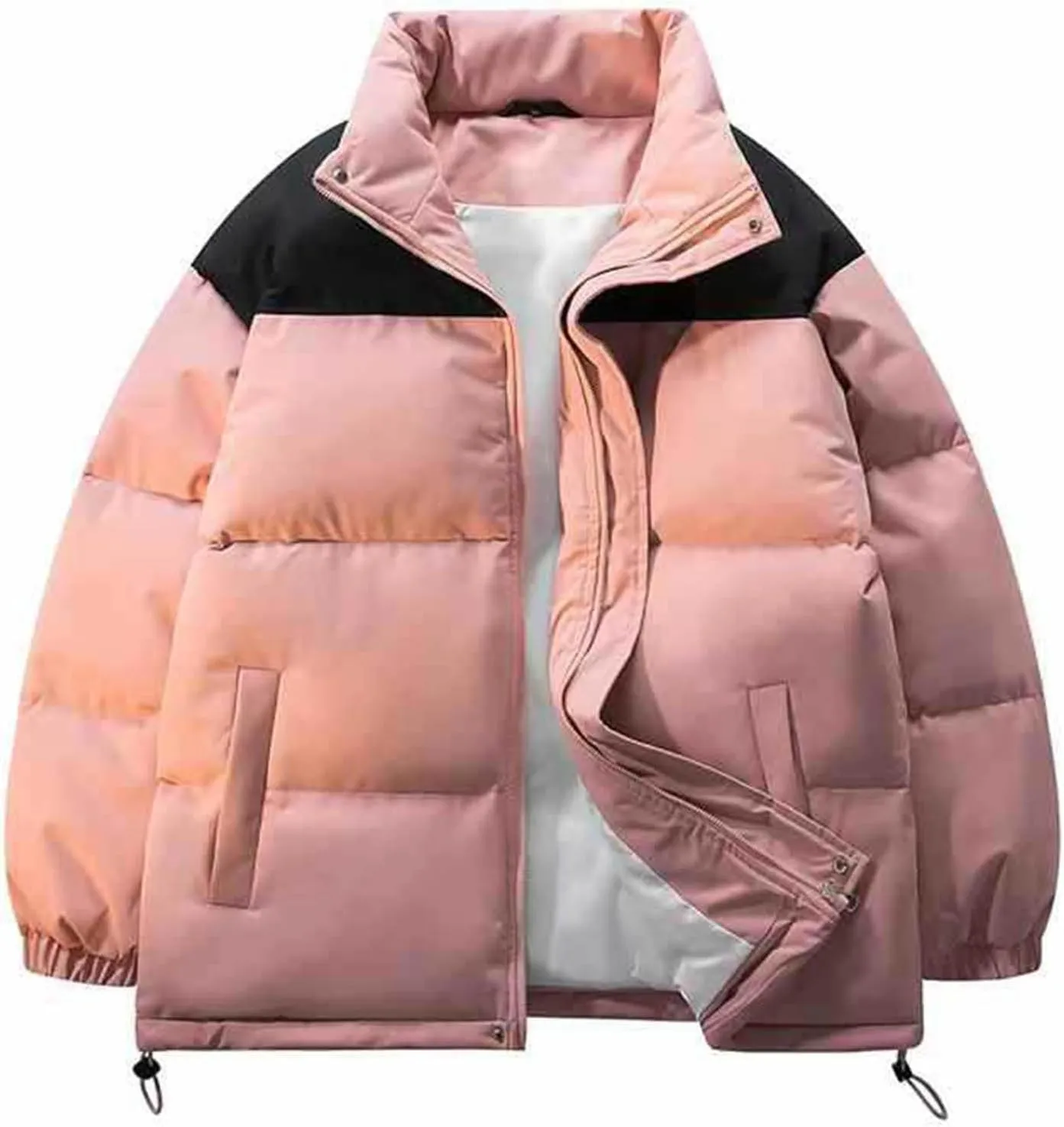Winter Jackets for Men Casual Stylish Color Block Zip up Long Sleeve Padded Coats Loose Thicken Warm Cotton Outerwear