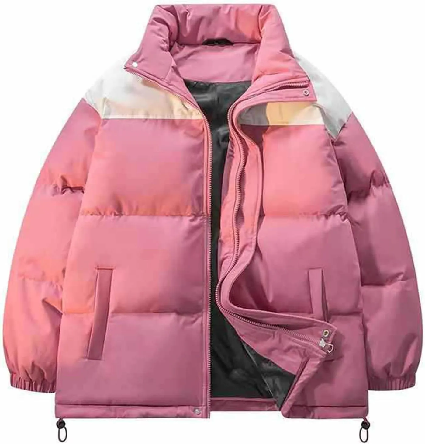 Winter Jackets for Men Casual Stylish Color Block Zip up Long Sleeve Padded Coats Loose Thicken Warm Cotton Outerwear