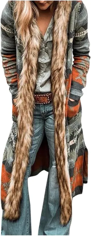 Winter Jackets for Women Long Coat Open Front Cardigan Jacket Vintage Coats Plus Size Outerwear Faux Fur Collar Jacket