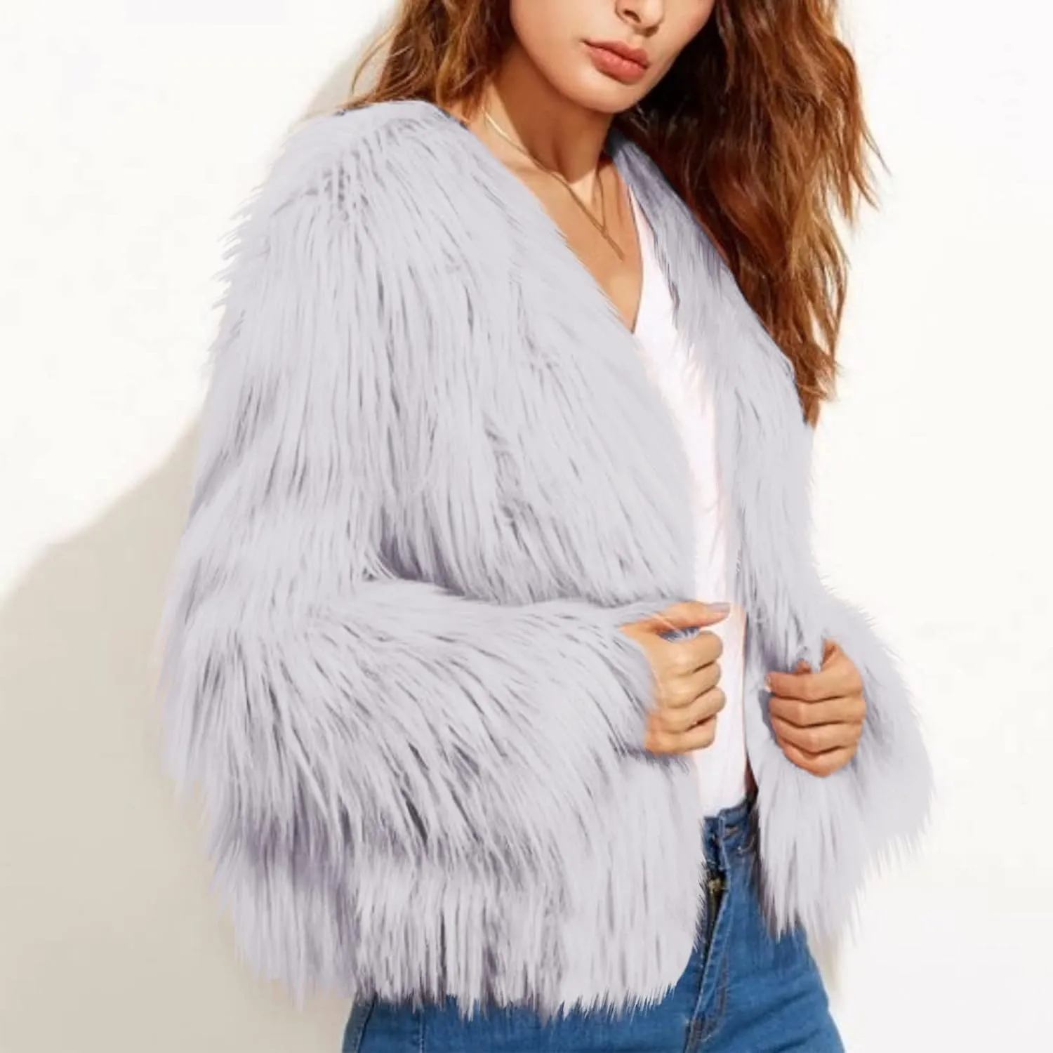 Winter Jackets for Women Open Front Faux Fur Coat Womens Fringe Jacket Fluffy Cardigan Long Sleeve Outwear Shaggy Jacket
