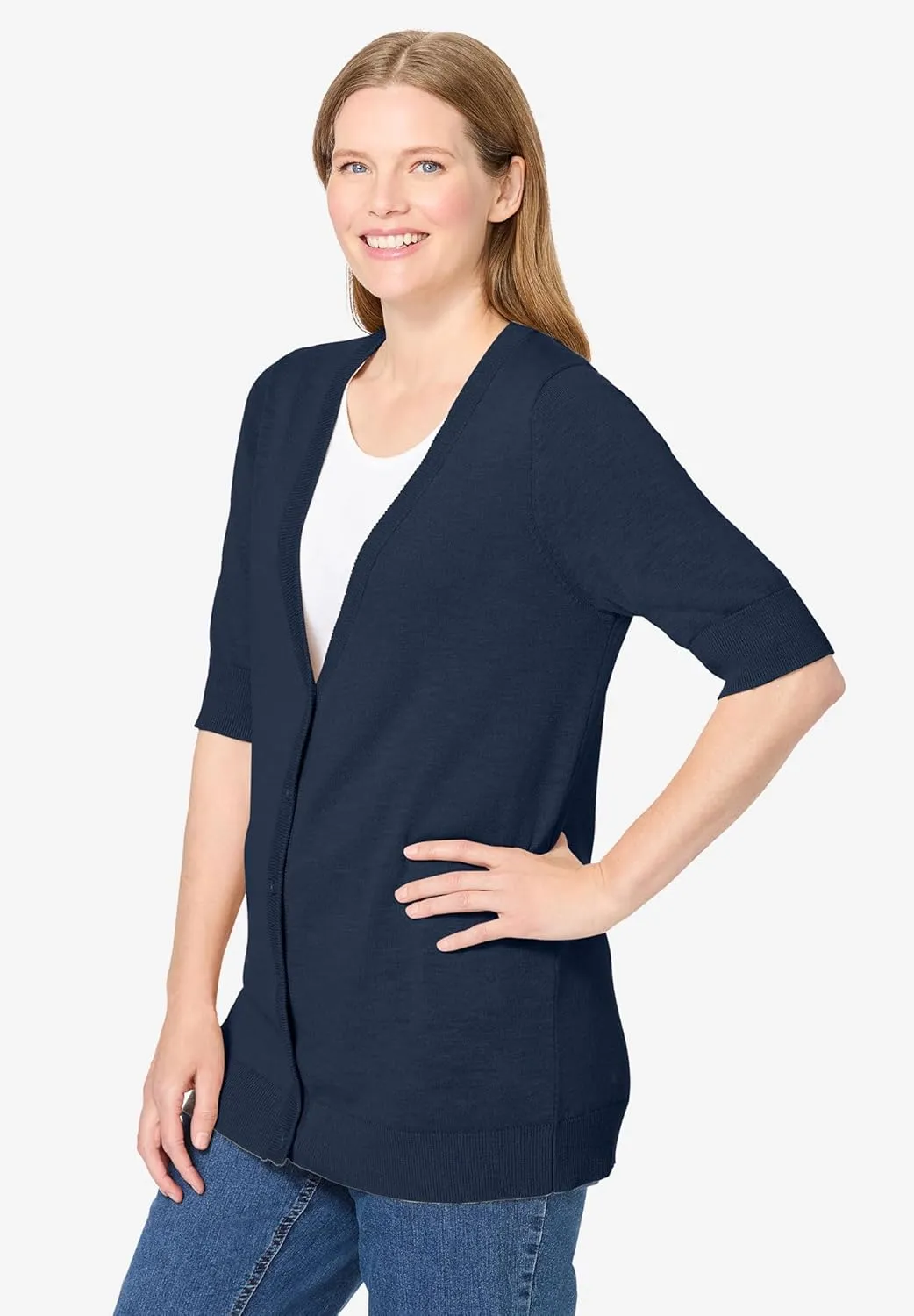 Woman Within Plus Size Lightweight Short Sleeve V-Neck Cardigan