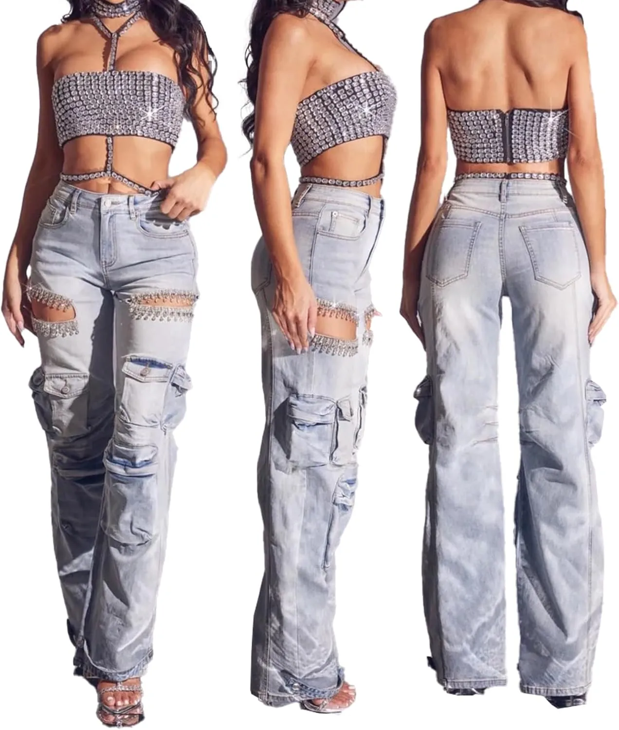 Women Baggy Ripped Jeans Rhinestone High Waisted Cargo Jeans Y2k Wide Leg Pants Streetwear