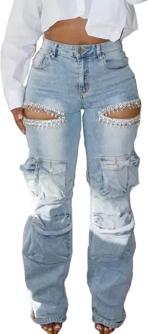 Women Baggy Ripped Jeans Rhinestone High Waisted Cargo Jeans Y2k Wide Leg Pants Streetwear