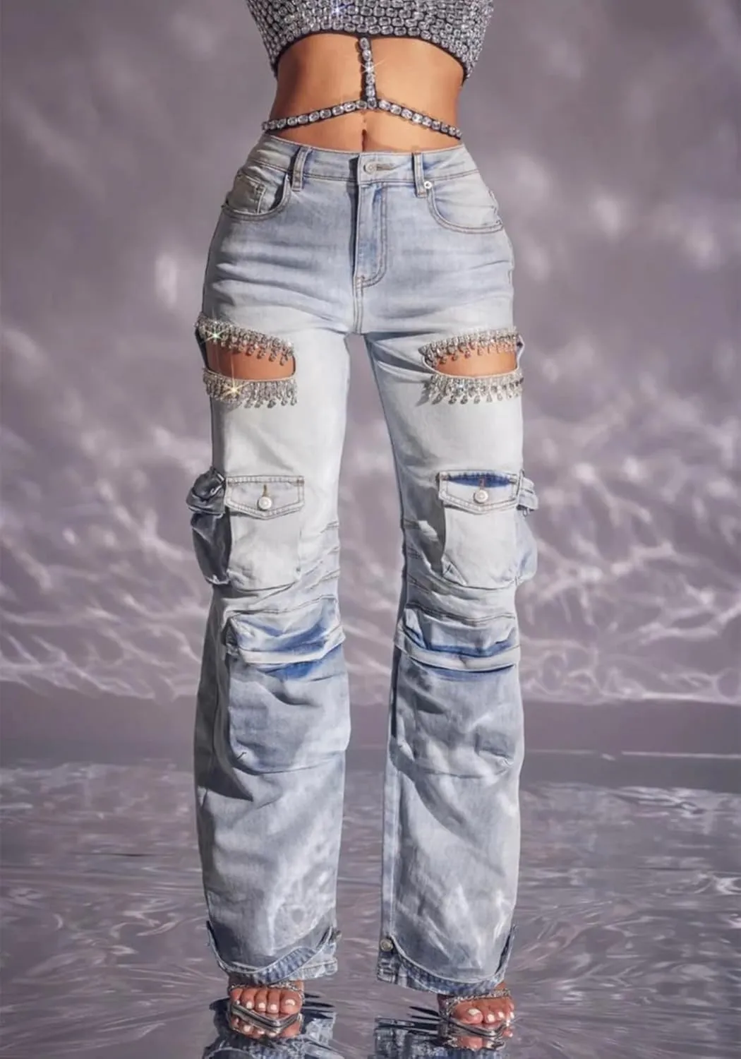 Women Baggy Ripped Jeans Rhinestone High Waisted Cargo Jeans Y2k Wide Leg Pants Streetwear