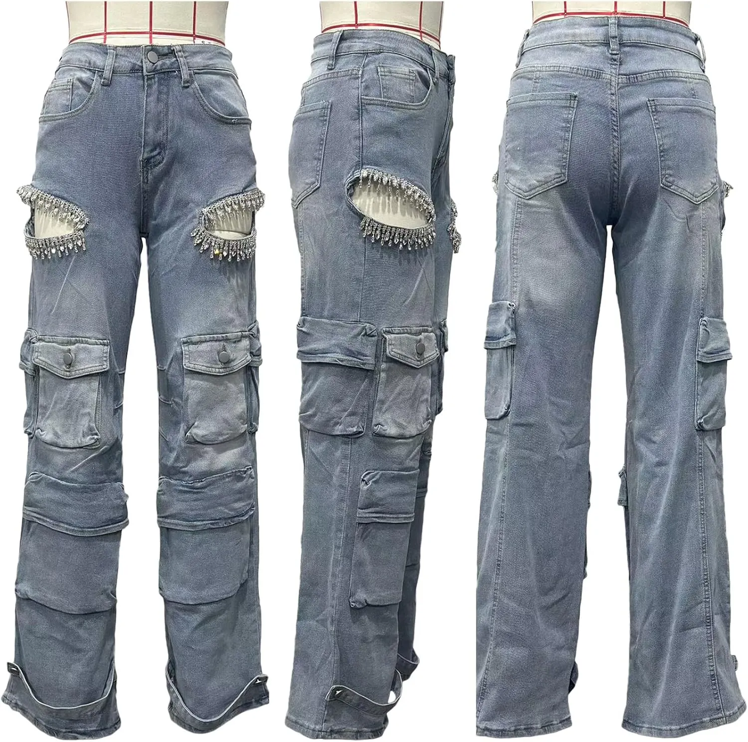Women Baggy Ripped Jeans Rhinestone High Waisted Cargo Jeans Y2k Wide Leg Pants Streetwear