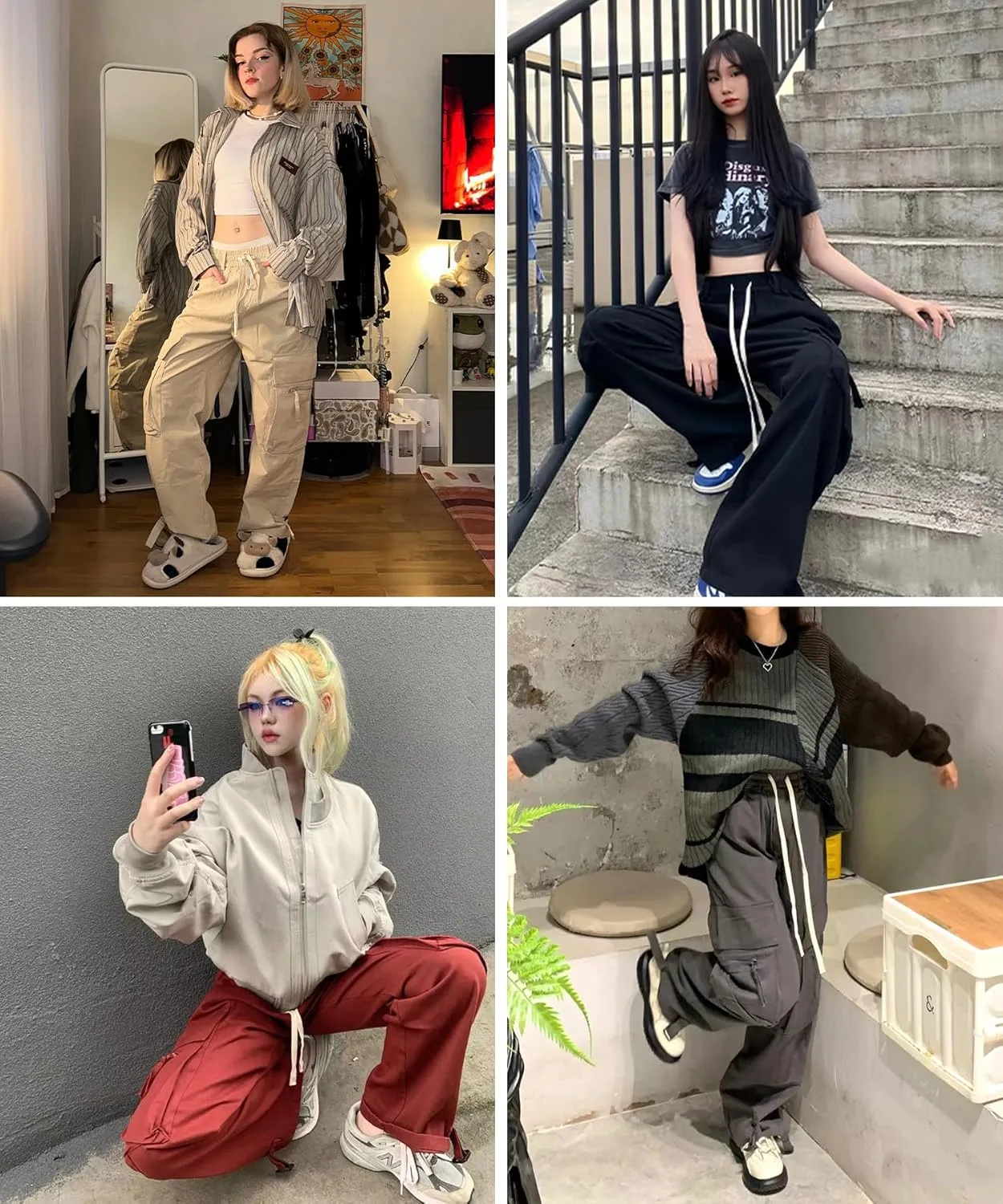 Women Cargo Pants Y2k Hip Hop Jogger Sweatpant Straight Wide Leg High Waisted Casual Pants