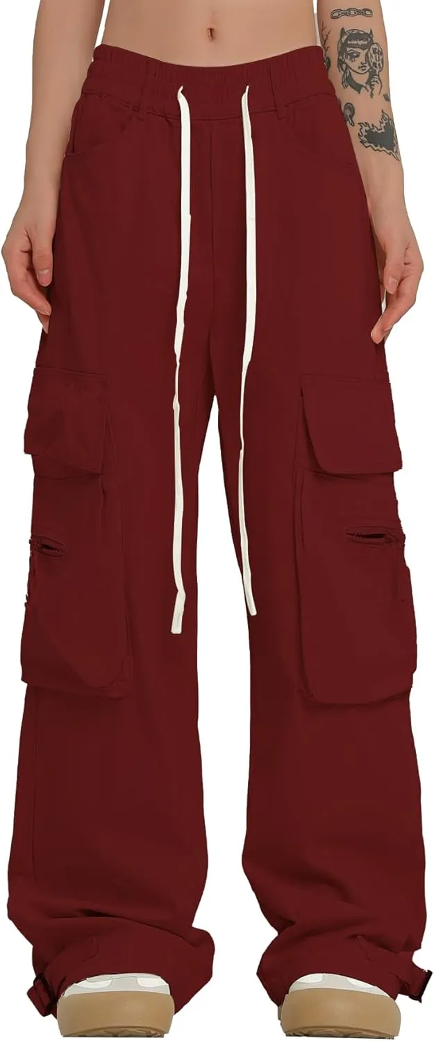 Women Cargo Pants Y2k Hip Hop Jogger Sweatpant Straight Wide Leg High Waisted Casual Pants