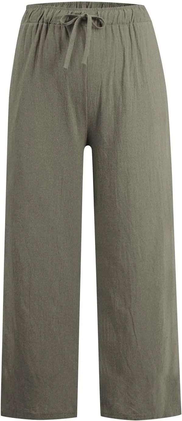 Women Casual Cotton Linen Pants Lightweight Summer Relax Fit Elastic Waist Plus Size Solid Lounge Jogger Long Trousers