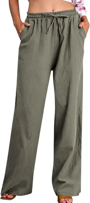 Women Casual Cotton Linen Pants Lightweight Summer Relax Fit Elastic Waist Plus Size Solid Lounge Jogger Long Trousers