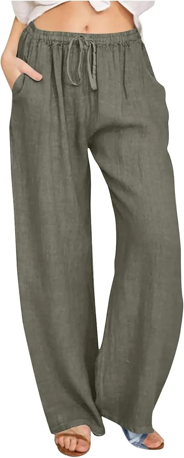 Women Casual Cotton Linen Pants Lightweight Summer Relax Fit Elastic Waist Plus Size Solid Lounge Jogger Long Trousers