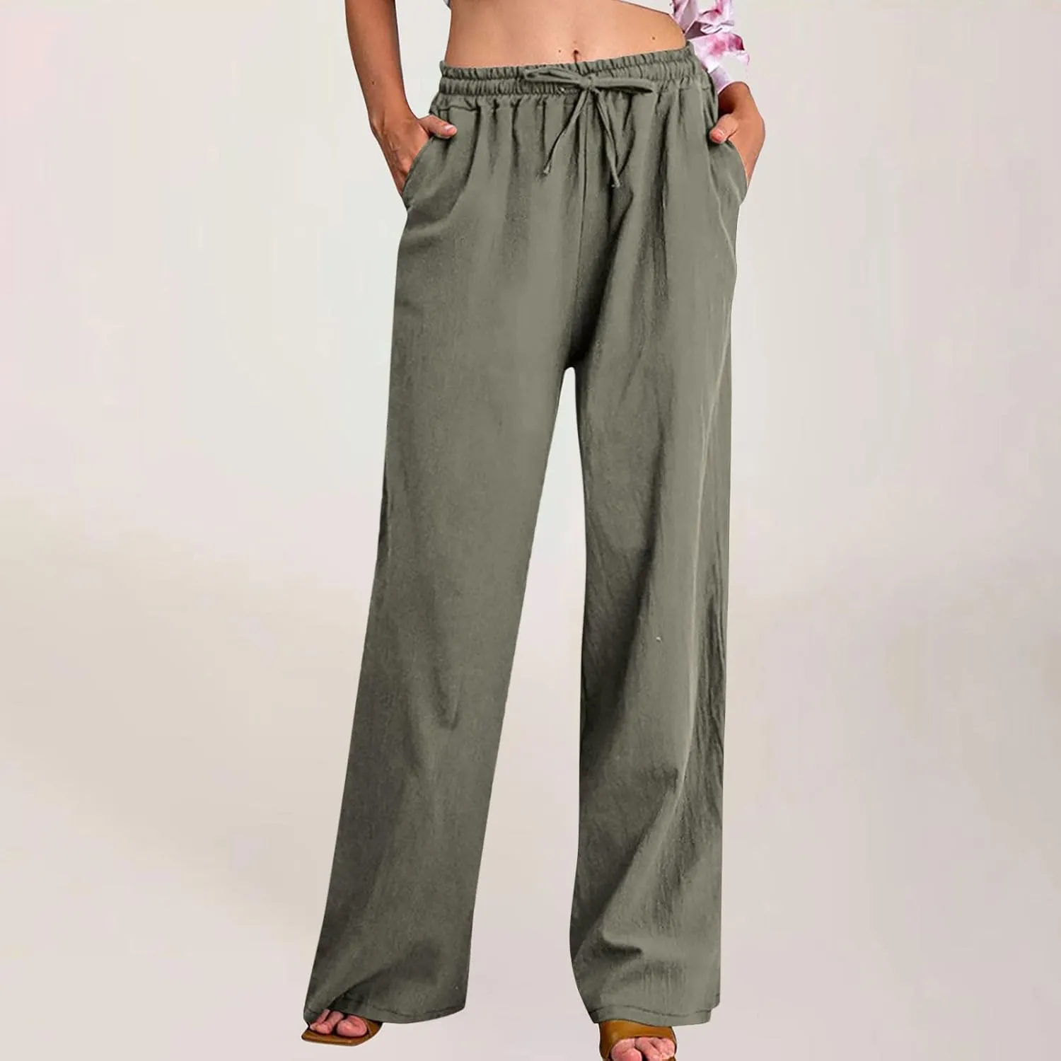 Women Casual Cotton Linen Pants Lightweight Summer Relax Fit Elastic Waist Plus Size Solid Lounge Jogger Long Trousers
