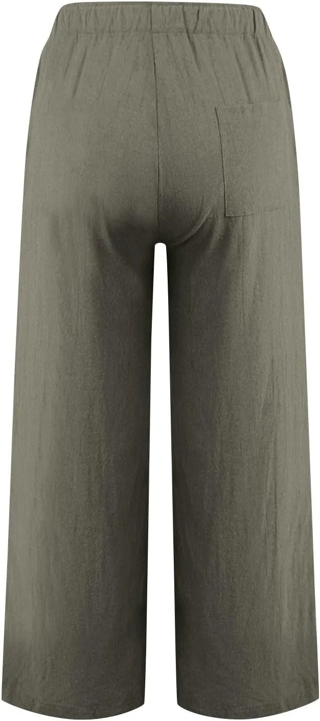 Women Casual Cotton Linen Pants Lightweight Summer Relax Fit Elastic Waist Plus Size Solid Lounge Jogger Long Trousers