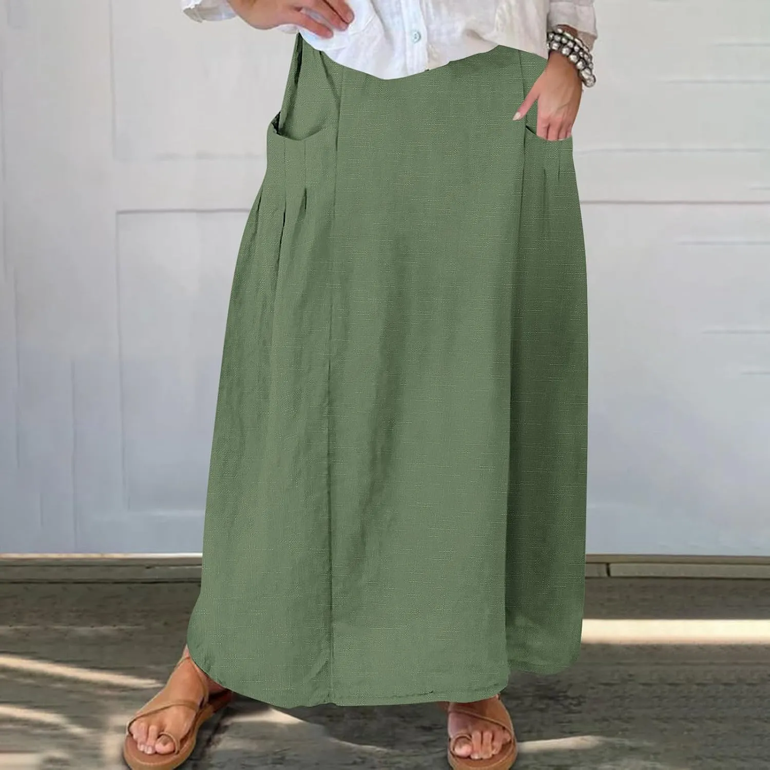 Women Casual Skirts with Pockets Plus Size Maxi Skirts High Waist Pleated Skirt Long A-Line Skirts Flowy Travel Skirt