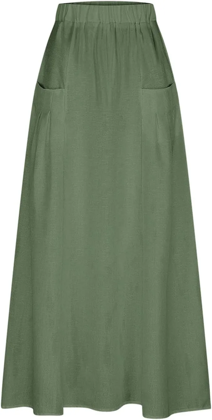 Women Casual Skirts with Pockets Plus Size Maxi Skirts High Waist Pleated Skirt Long A-Line Skirts Flowy Travel Skirt