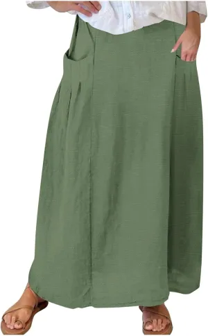 Women Casual Skirts with Pockets Plus Size Maxi Skirts High Waist Pleated Skirt Long A-Line Skirts Flowy Travel Skirt