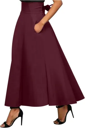 Women Casual Tie High Waisted Pleated Maxi Skirt with Pockets Solid Color Long Vintage Strappy Skirt Business Dress