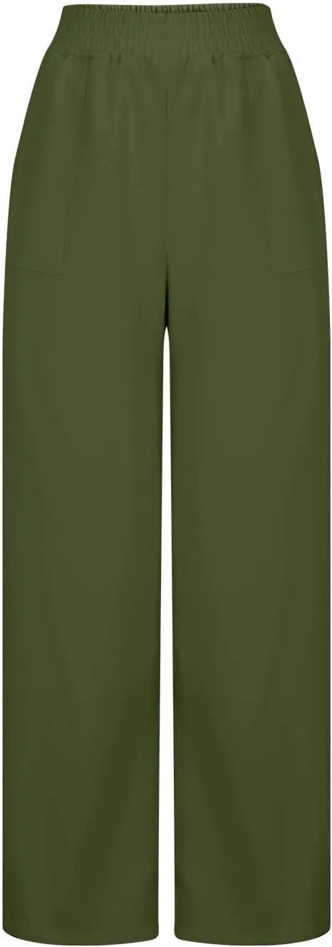 Women Cotton Linen High Elastic Waist Casual Pants, Summer Loose Wide Leg Trousers Comfy Breathable Clothes with Pockets