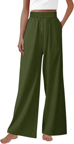 Women Cotton Linen High Elastic Waist Casual Pants, Summer Loose Wide Leg Trousers Comfy Breathable Clothes with Pockets