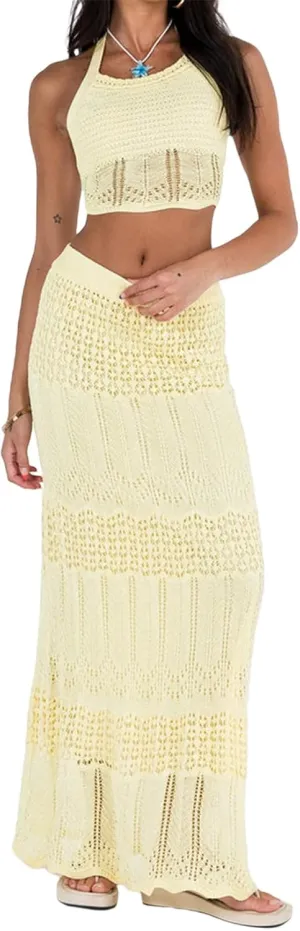 Women Crochet 2 Piece Outfits Knit Sleeveless Slim Crop Tank Tops Bodycon Maxi Skirt Sets Y2k Sexy Summer Beach Wear